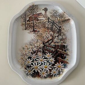 Vintage Snack Tray Hong Kong Daisies Flowers Blue White Hong Kong Farm Metal EUC